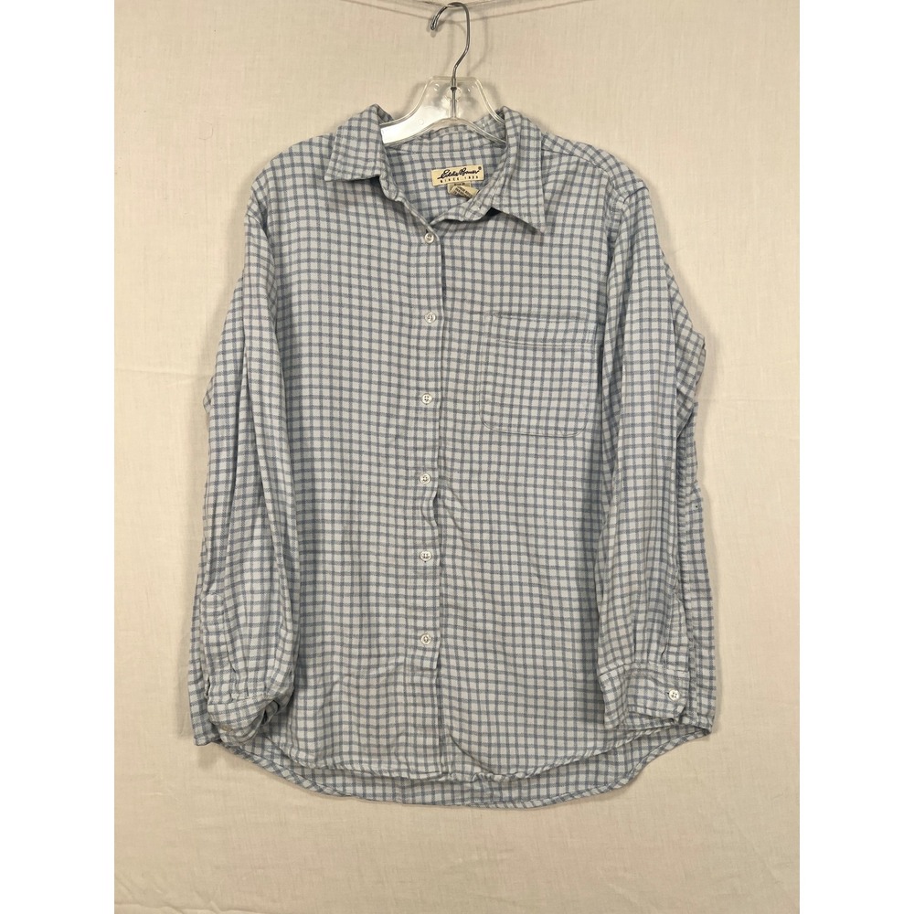 Eddie Bauer Womens Large Light Blue White Grid Plaid Cotton Button Down Shirt
